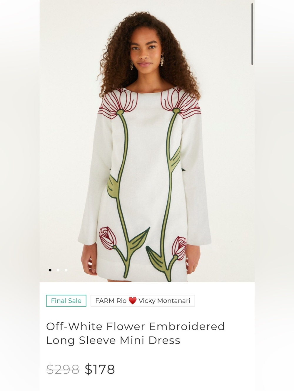 FARM Rio White Mini Dress with Green Stems and Red Floral Accents